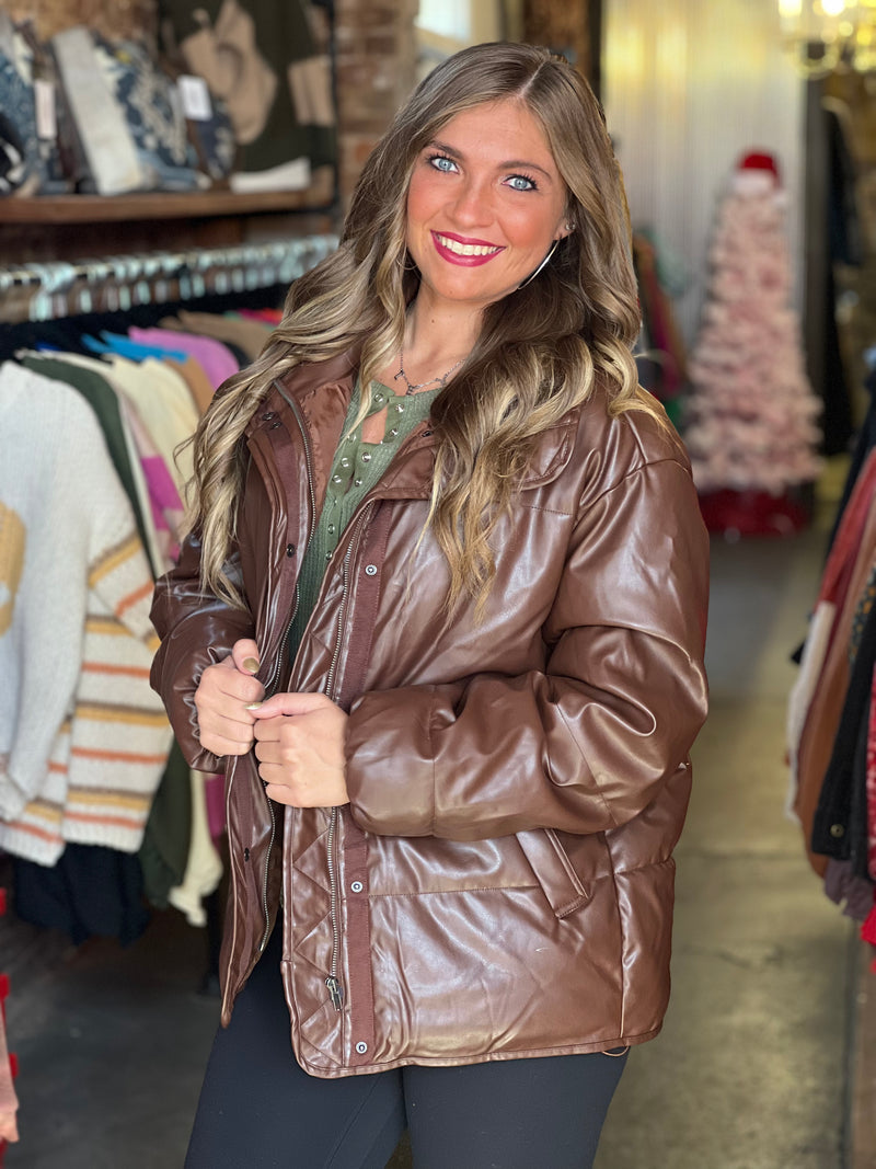 Leather Puffer Jacket Chocolate
