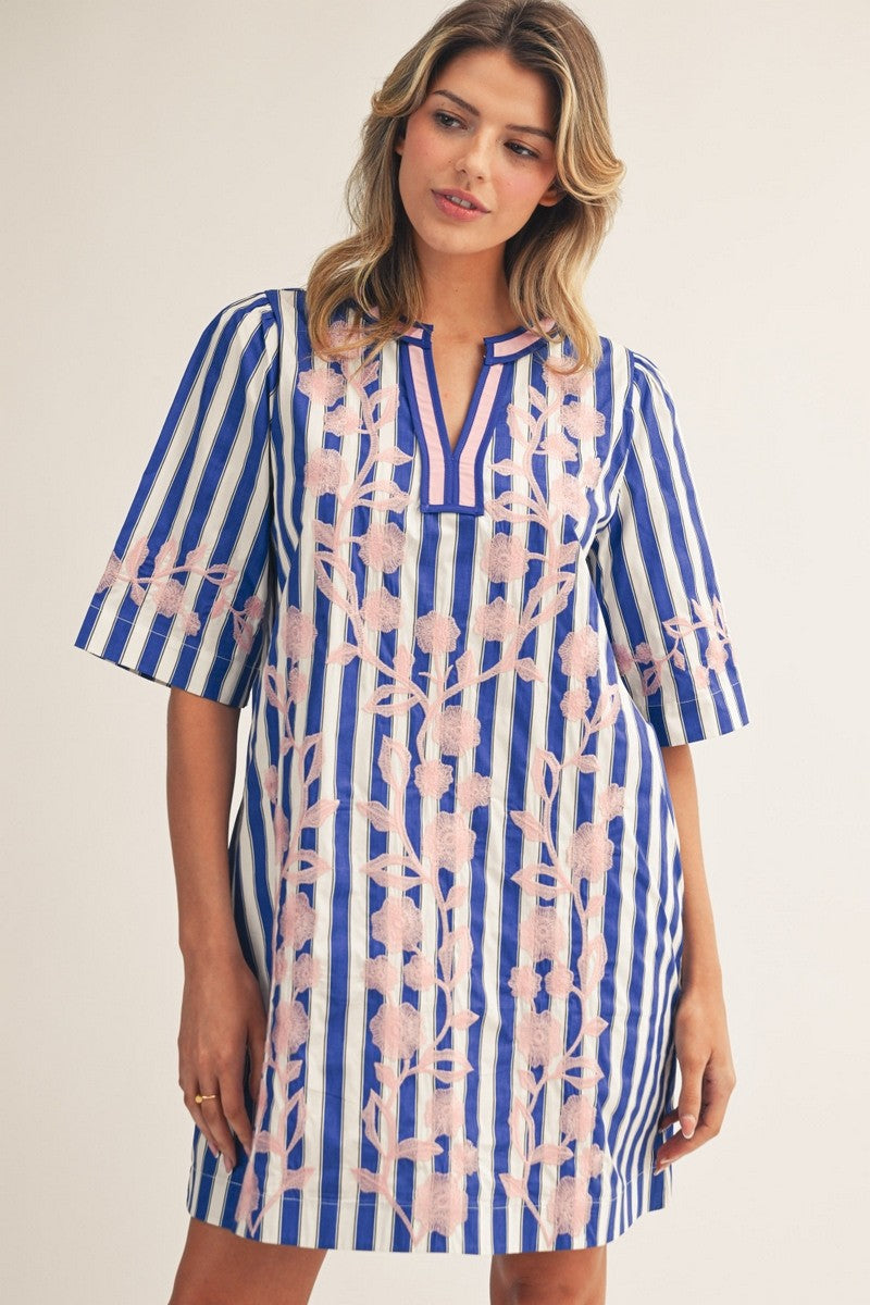 新品Cotton Aari Embroidery Stripe Dress Embroidery Detail Stripe Shift Dress Blue - Southern Fashion
