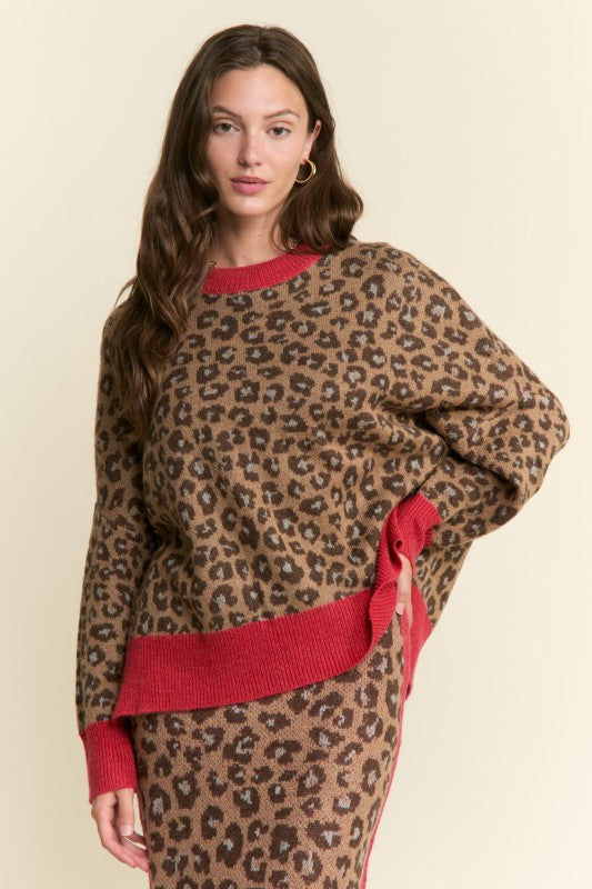 Multi Color Knit Sweater Top Leopard Brown