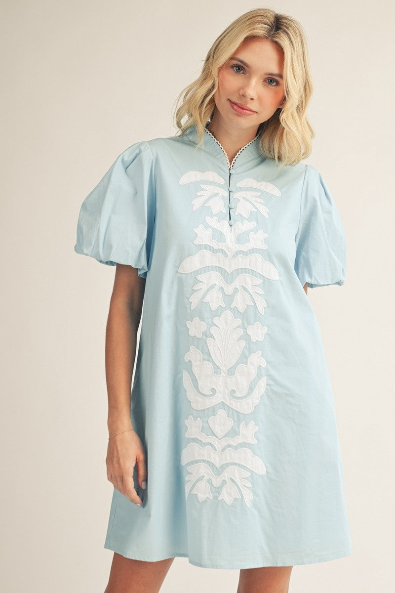 Baroque Floral Applique Detail Dress Aqua