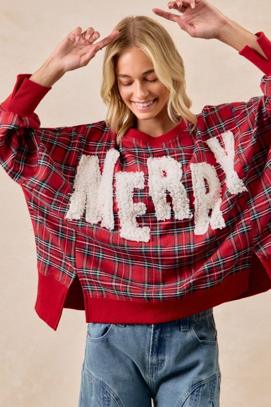 Merry Letter Patches Christmas Plaid Top Red