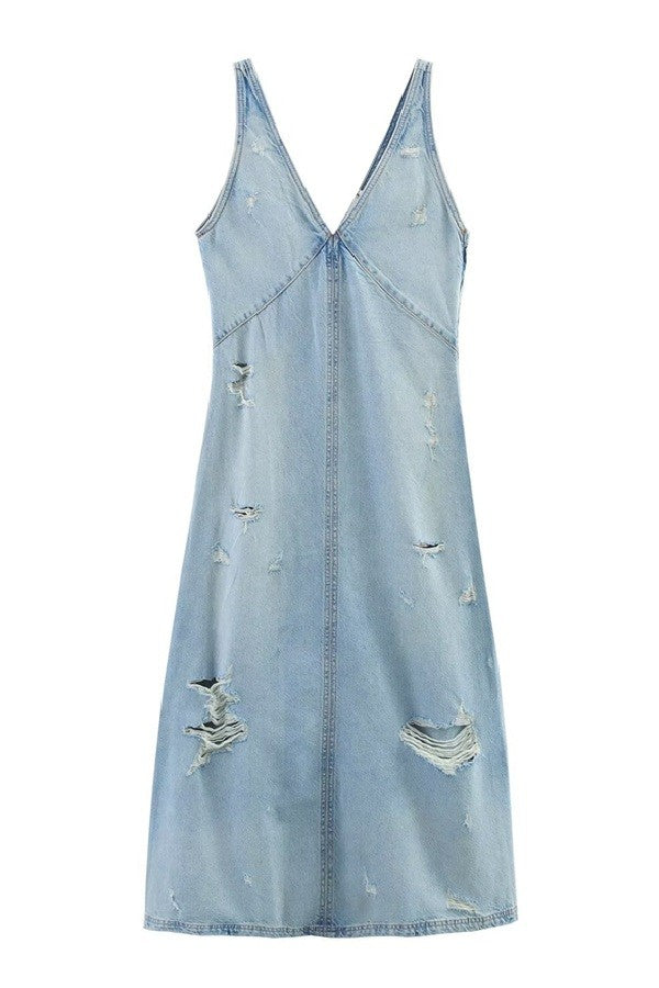 Sleeveless V-Neck Denim Dress Light Blue