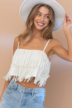 Satin Studded Tiered Fringe Cami Top White