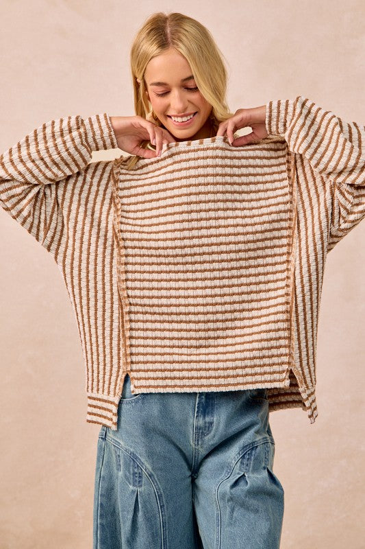 Textured Stripe Knit Open Seam Top Camel