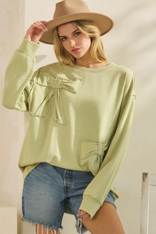 French Terry Bow Detail Sweatshirt Top Sage