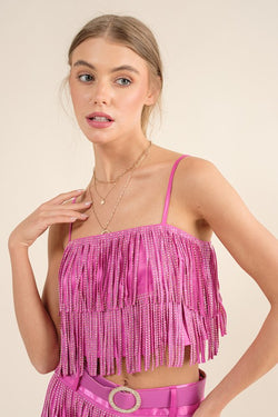 Satin Studded Tiered Fringe Cami Top Hot Pink
