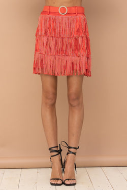 Satin Studded Tiered Fringe Mini Skirt Red