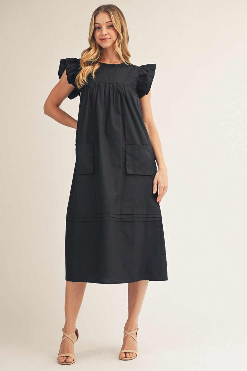 midi dress ruffle sleeves Ruffle Sleeves Solid Midi Dress Black