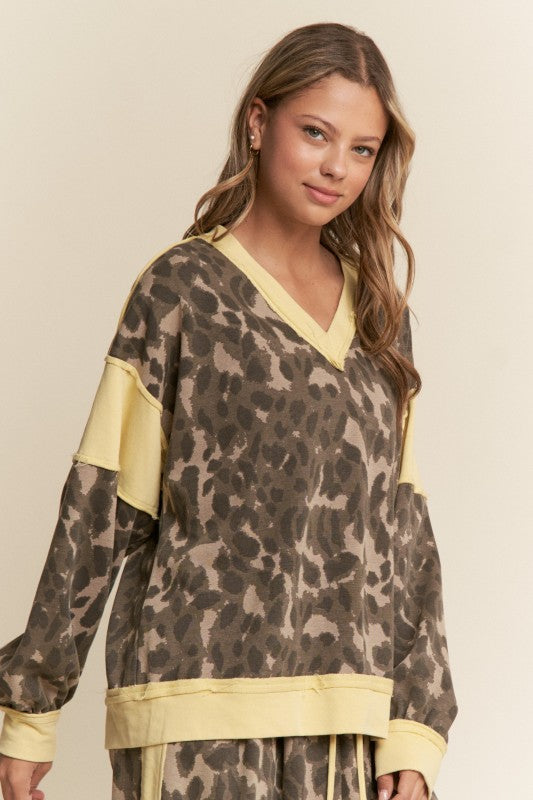 Leopard Print V-Neck Patchwork Top