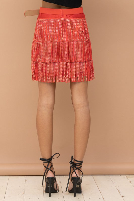 Satin Studded Tiered Fringe Mini Skirt Red