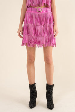 Satin Studded Tiered Fringe Mini Skirt Hot Pink