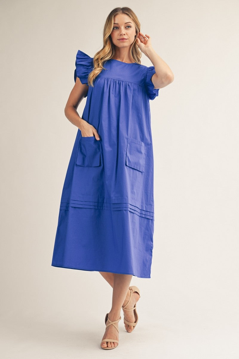 solid midi dress with sleeves Solid Short Sleeve Round Neck Simple Midi Dress With Pockets