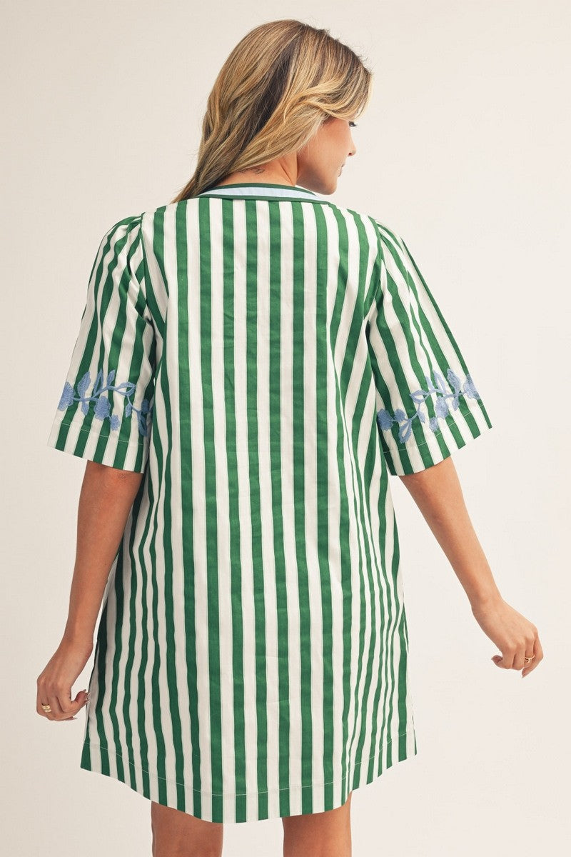 Embroidery Detail Stripe Shift Dress Green - Southern Fashion