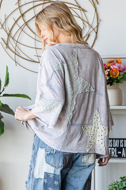 Washed Star Patchwork Short Sleeve Top Blue