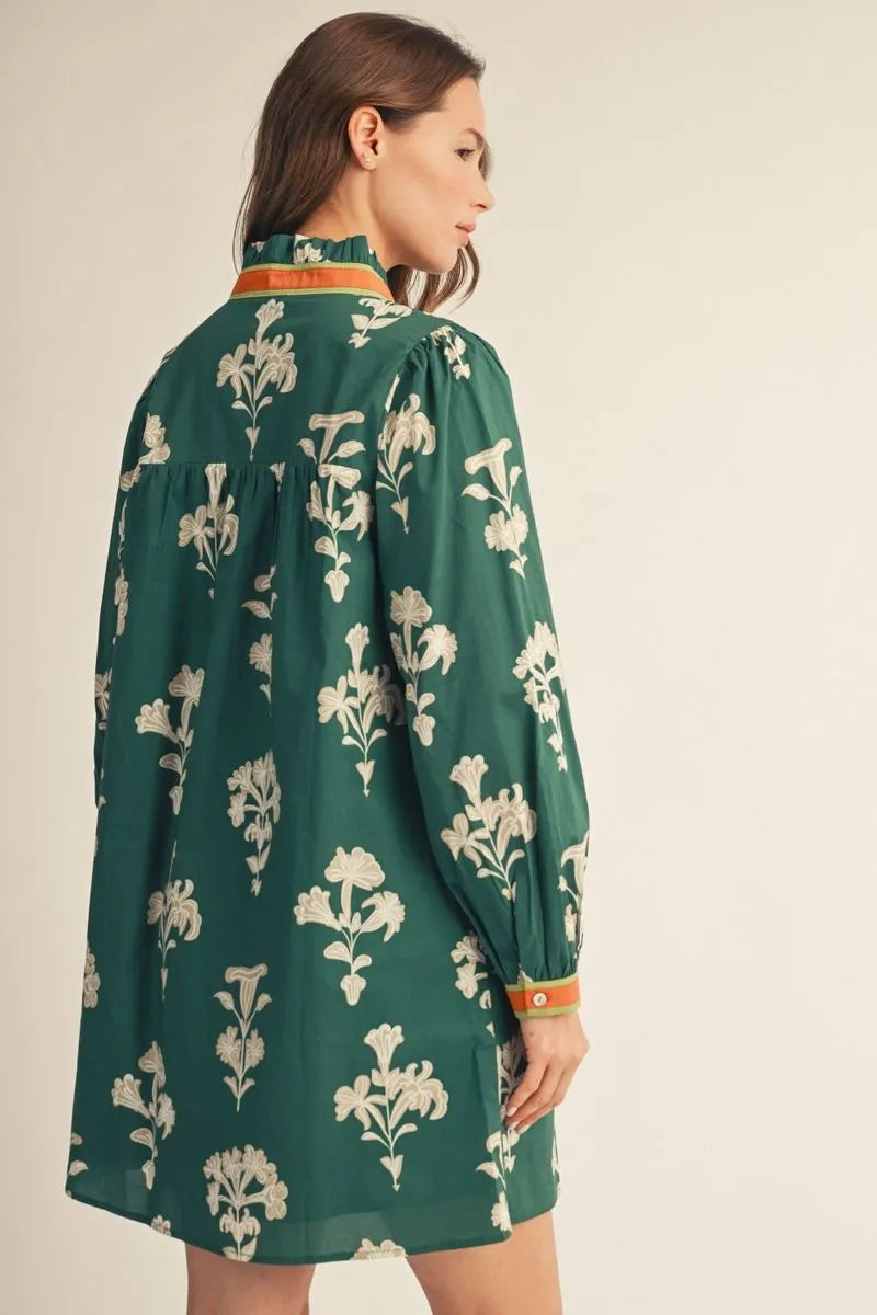 hunter green floral dress Long Sleeve casual green floral dress