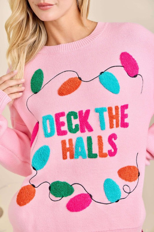 Deck The Halls Christmas Sweater Pink