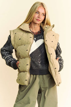 Ribbon Bow Puffer Vest Jacket Khaki - Southern Fashion Boutique Bliss