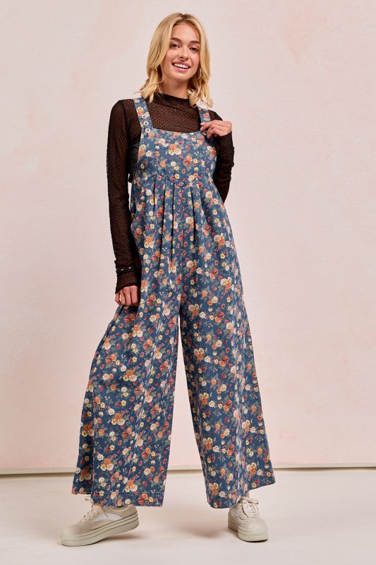 Washed Floral Print Pleated Overalls Denim