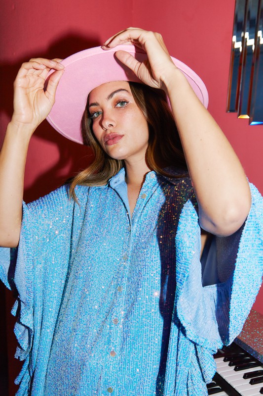 Sequin Poncho Button Down Top Sky Blue