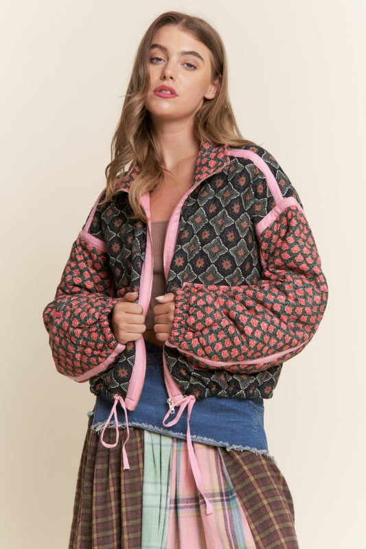 Rose Pattern Pink Taped Padded Jacket Rose