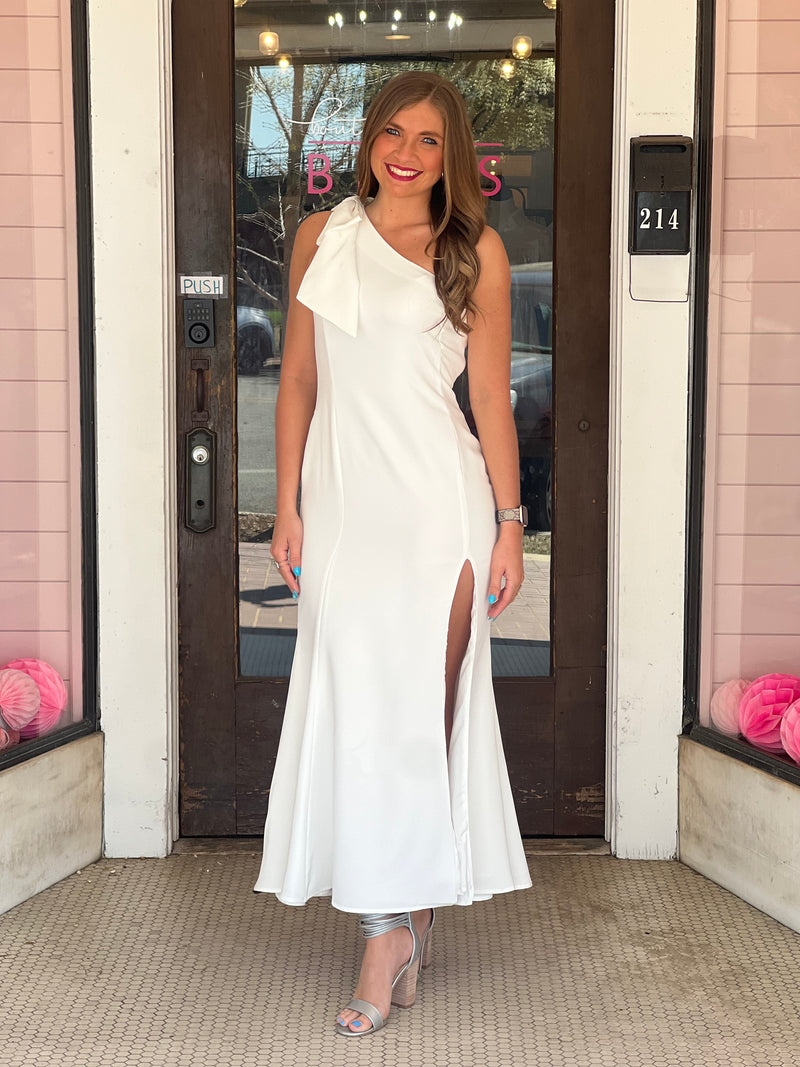One Shoulder Bow Side Slit Maxi Dress Off White One Shoulder Bow Side Slit Maxi Dress Off White