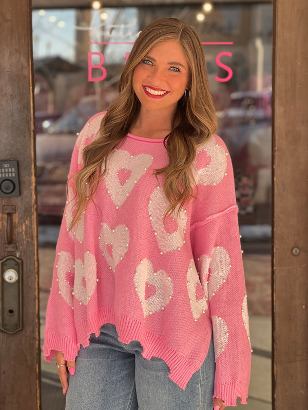 Hearts Print W/Pearls Loose Sweater Pink