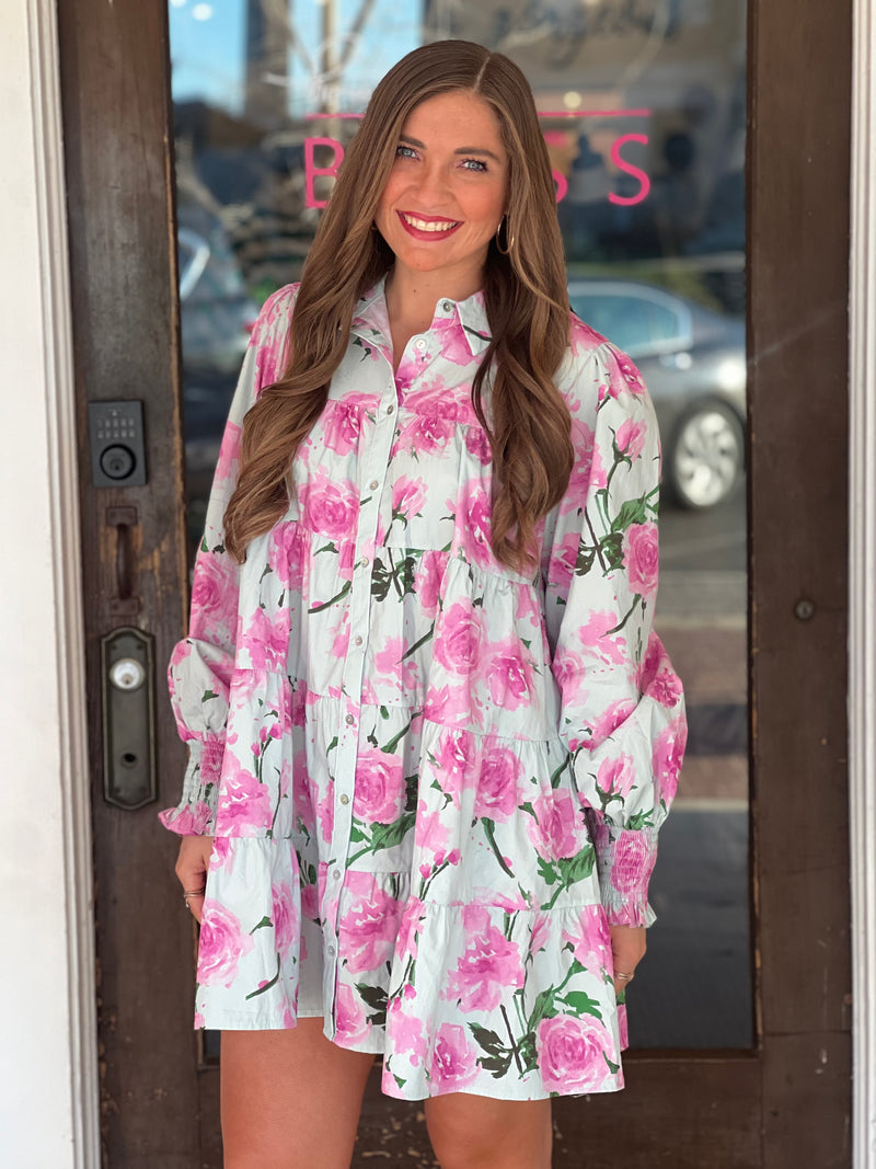 Floral Print Button Down Shirt Dress Grey/Pink