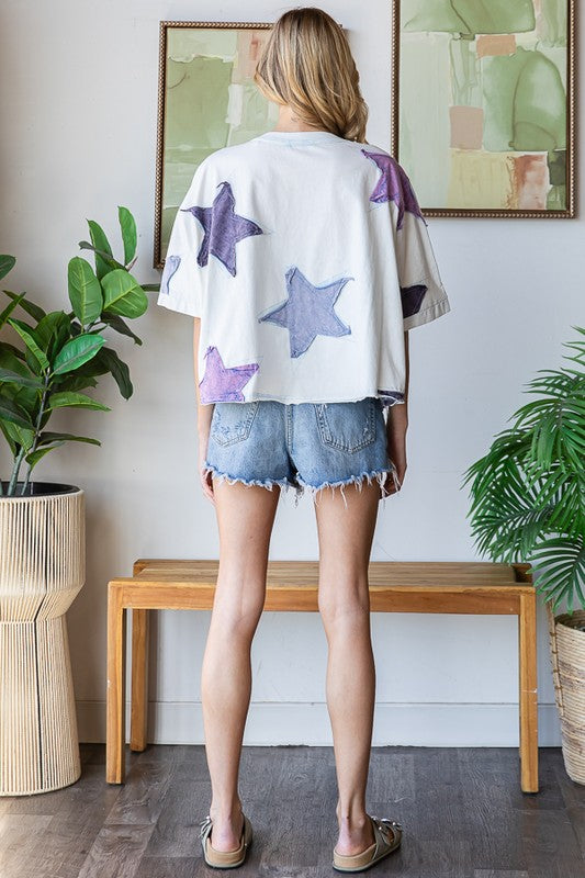 Washed Star Patchwork Oversized Top Lt Blue