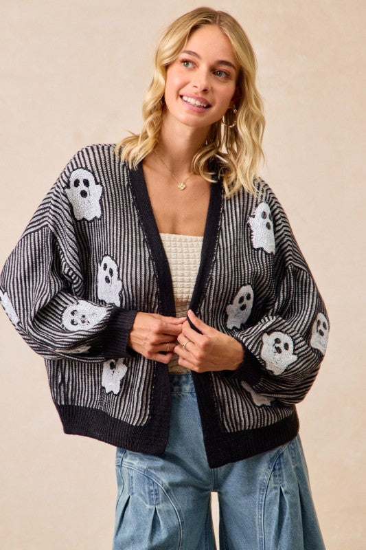 Halloween Ghost Theme Knit Cardigan Black