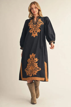 Floral Applique Midi Dress Black