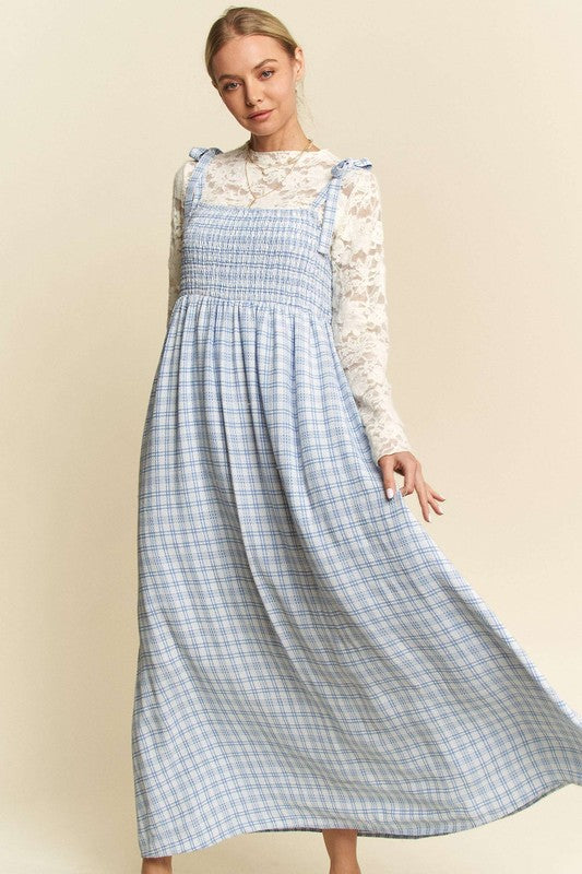 Plaid Smocking Maxi Dress Blue