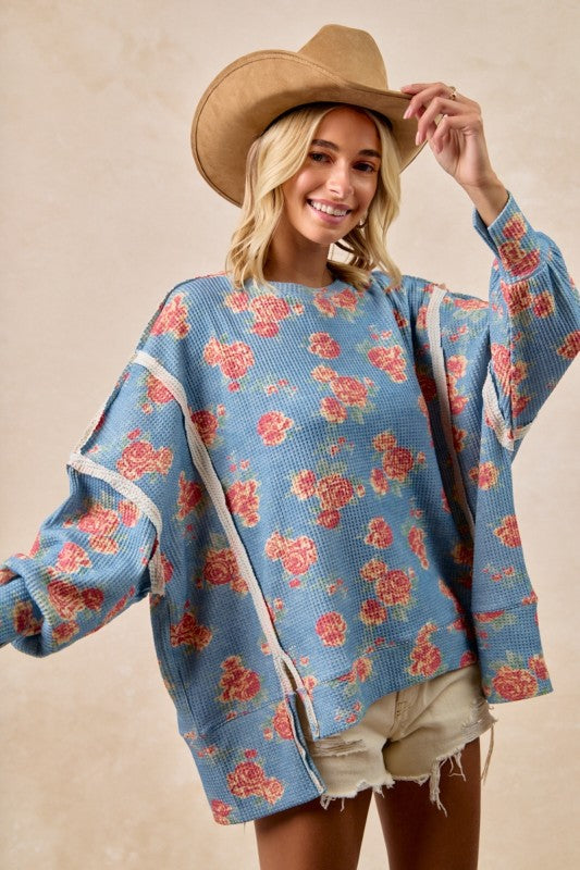 Floral Print Oversized Waffle Thermal Top Denim
