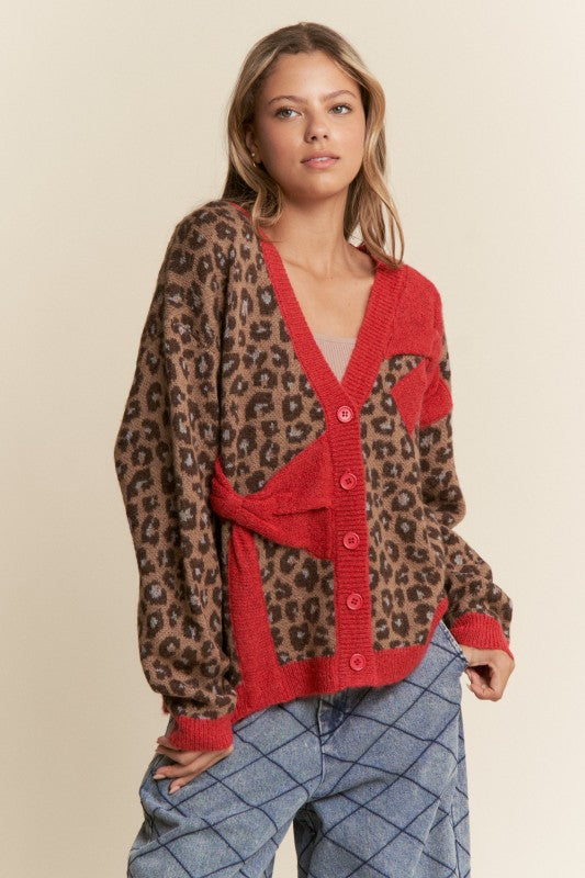 Bow Cardigan Cheetah Print Red