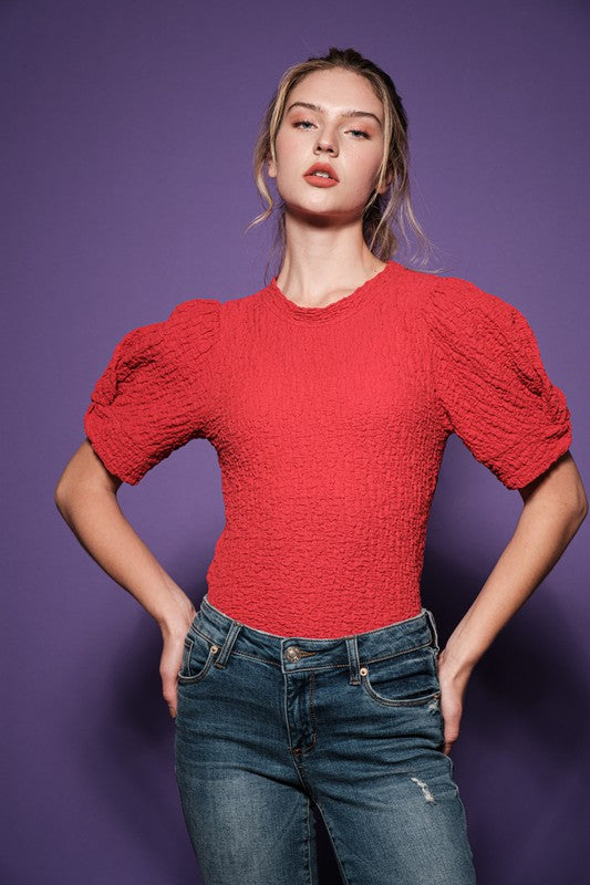 Texture Fabric Puff Sleeve Top Red