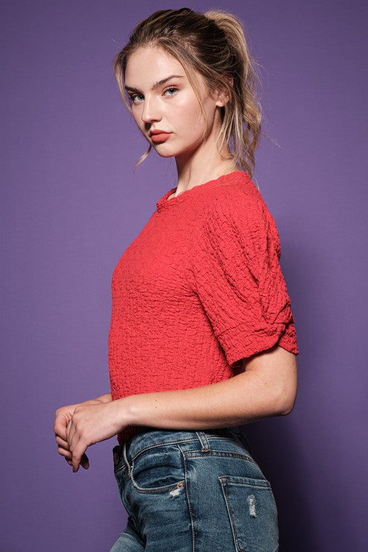 Texture Fabric Puff Sleeve Top Red