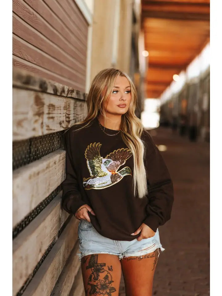 Sequin Mallard Duck Patch Sweatshirt Brown