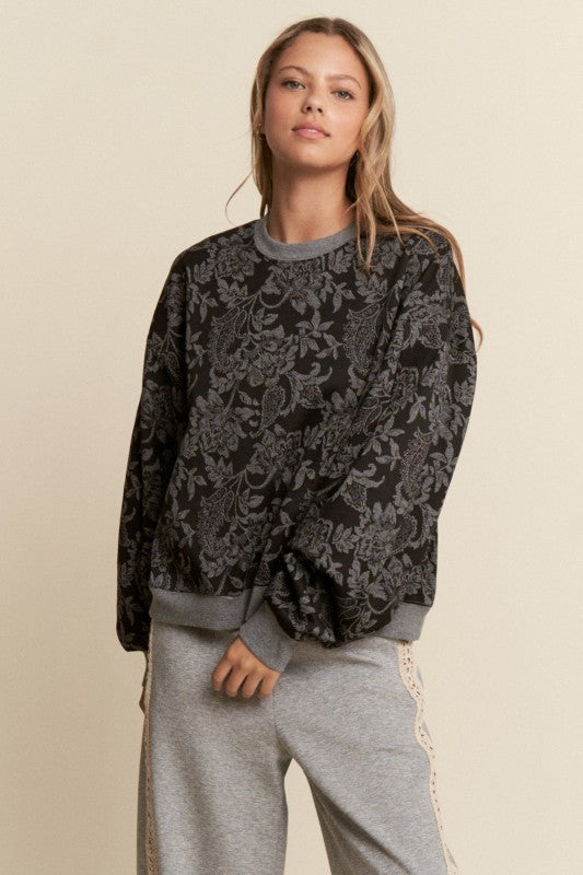 Floral Print Drop Shoulder Sweater Black