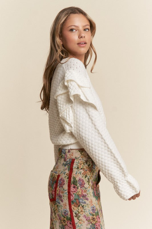 Tiered Ruffle Long Sleeve Sweater Top Cream