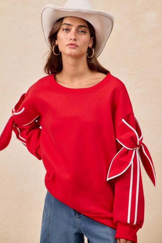 Bow Detail Sleeves Fleece Sweatshirt Top Red