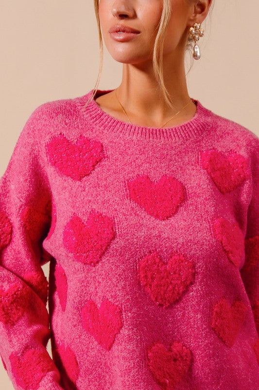Chenille Textured Heart Knitted Sweater Fuchsia