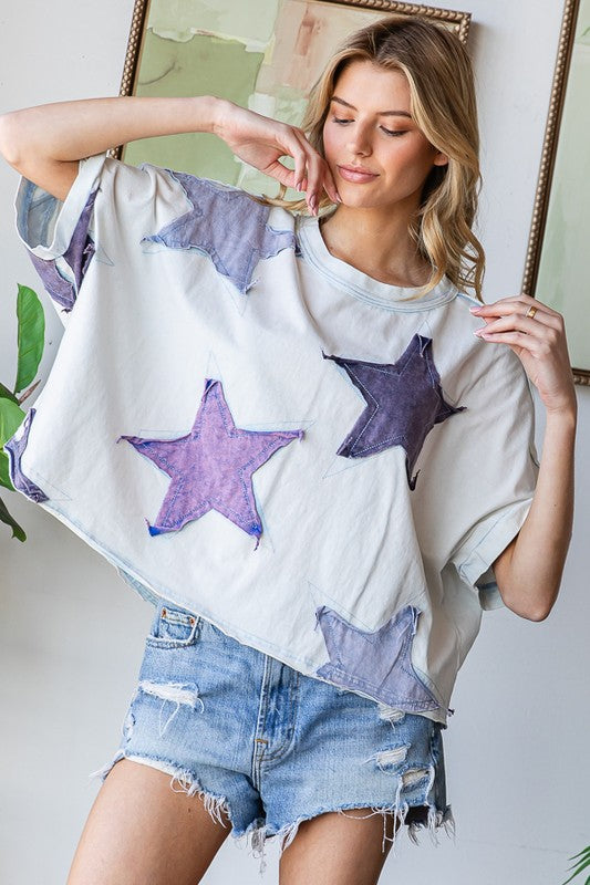 Washed Star Patchwork Oversized Top Lt Blue