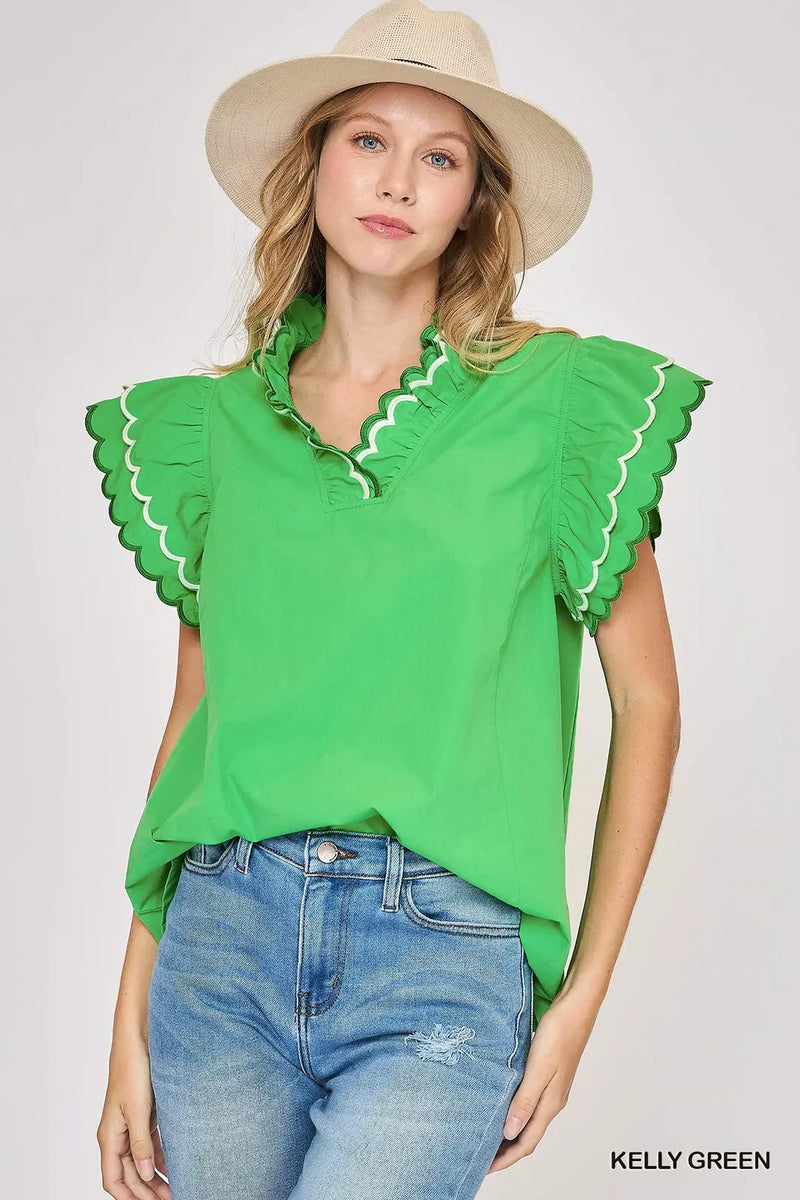 Scallop Trim Ruffle Sleeve Top Kelly Green - Southern Fashion