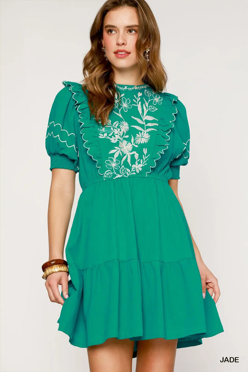 Embroidered Round Neck Mini Dress Jade - Southern Fashion Boutique Bliss
