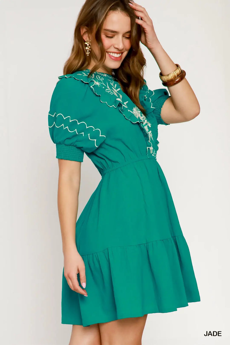 Embroidered Round Neck Mini Dress Jade - Southern Fashion Boutique