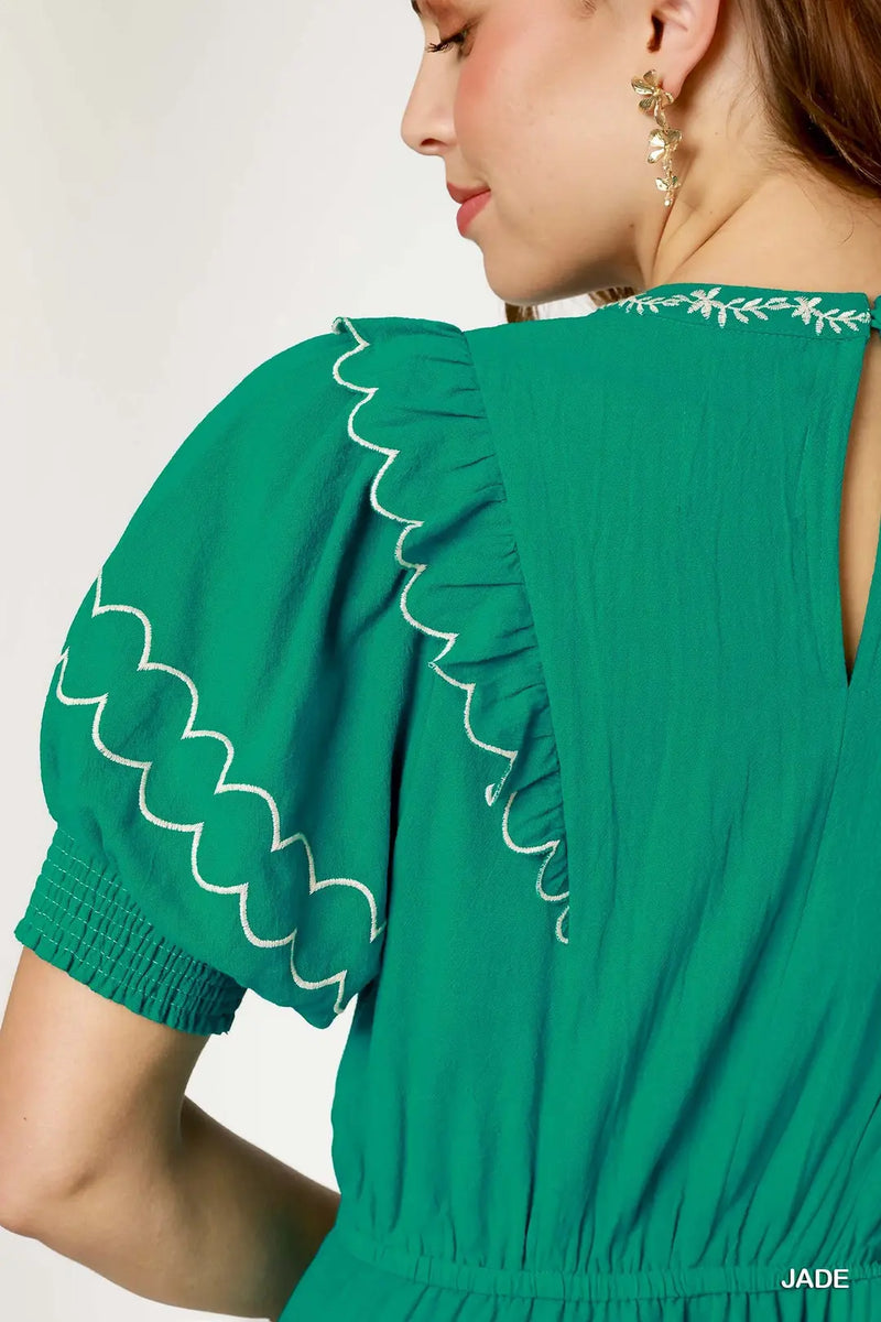Embroidered Round Neck Mini Dress Jade