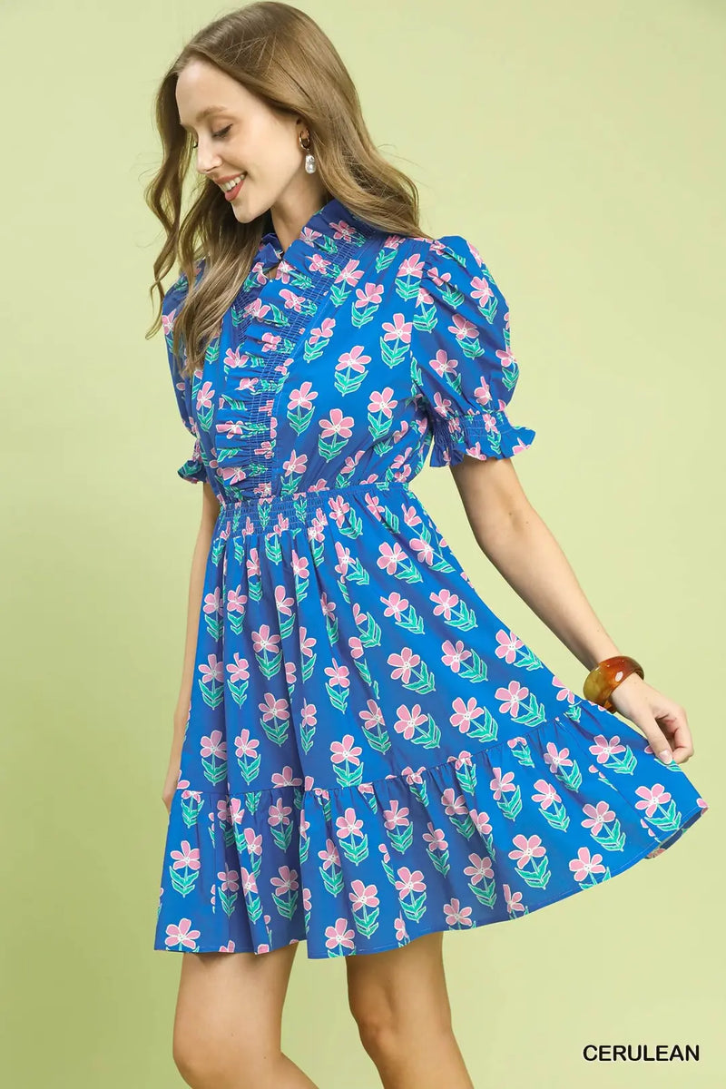 Ruffled Floral Babydoll Dress Cerulean