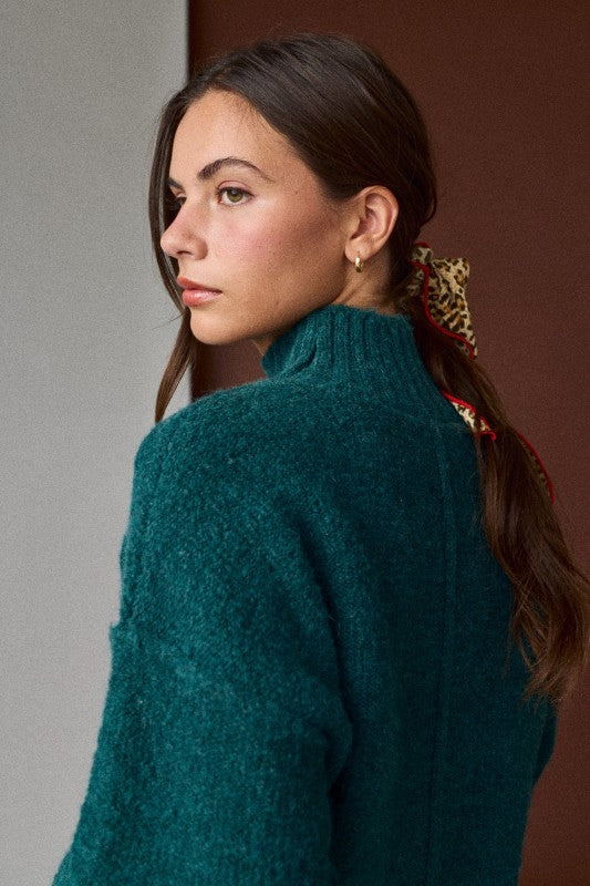 Ribbed Hem Mock Neck Sweater Emerald