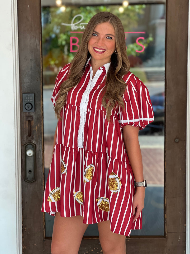Stripe Shirt Dress W/ Football Sequins Crimson Stripe Shirt Dress W/ Football Sequins Crimson