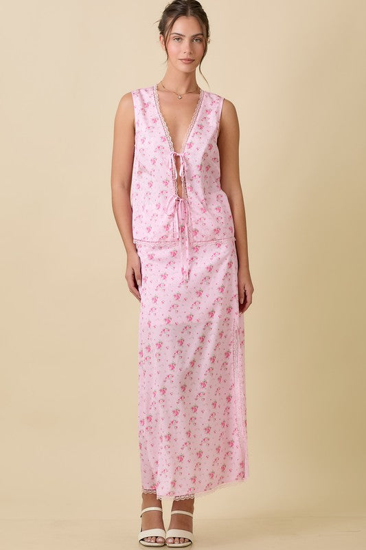 Satin Floral Midi Skirt Pink