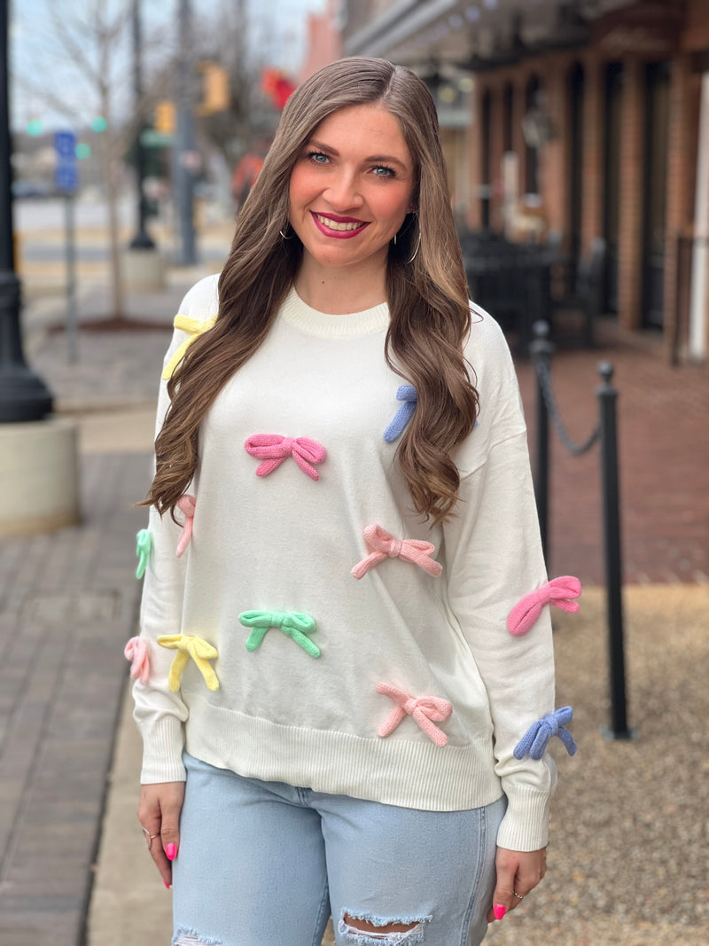 Ribbon Trim Crew Neck Knit Sweater White